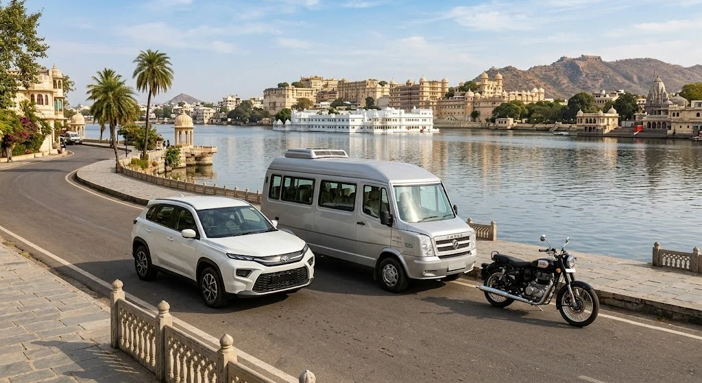 Rental car, Tempo Traveller and motorcycle on a lakeside road beside Lake Pichola, Udaipur